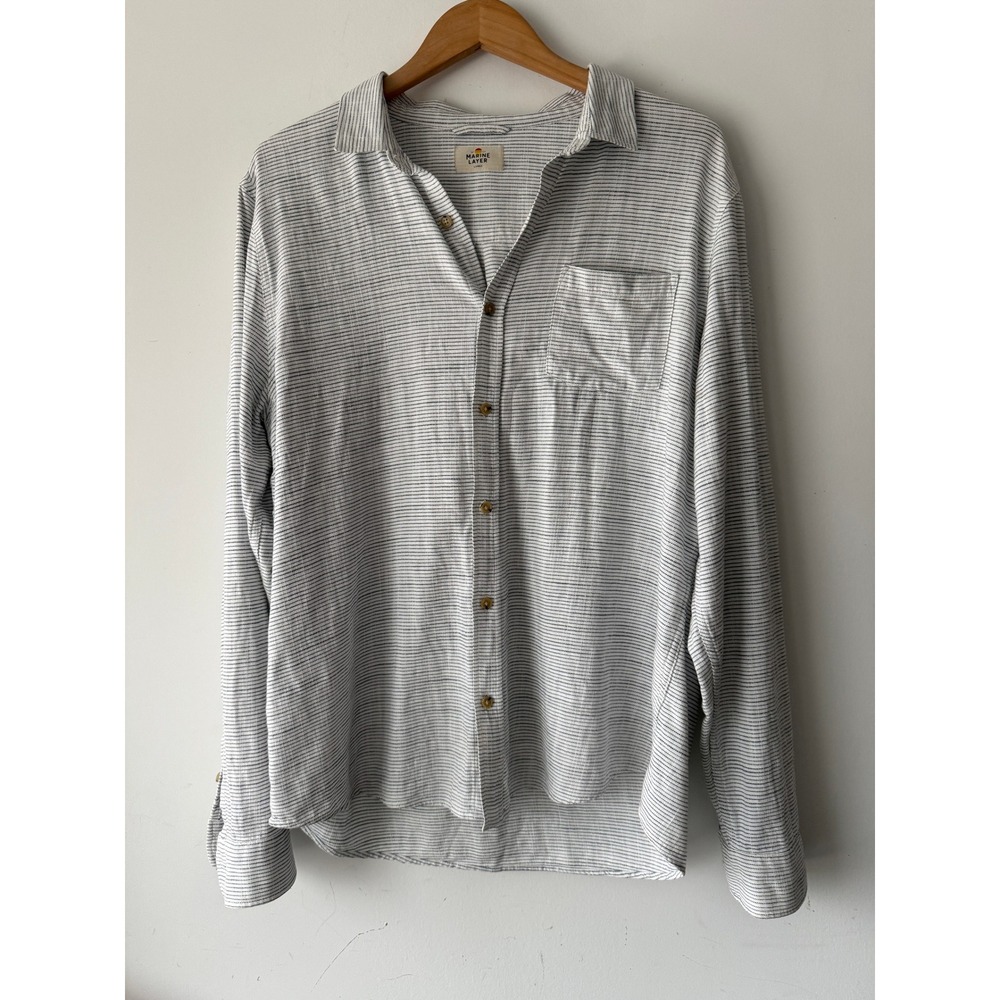 Marine Layer Mens Large White Navy Blue Striped Long Sleeve Button Down Shirt